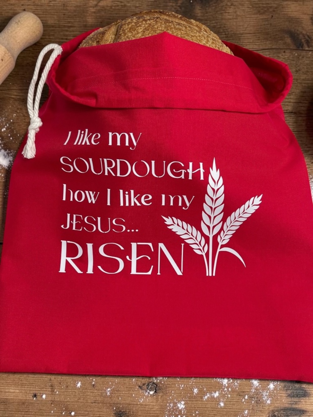 Red "I like my Sourdough how I like my Jesus Risen" Cotton Bread Bag, Reusable